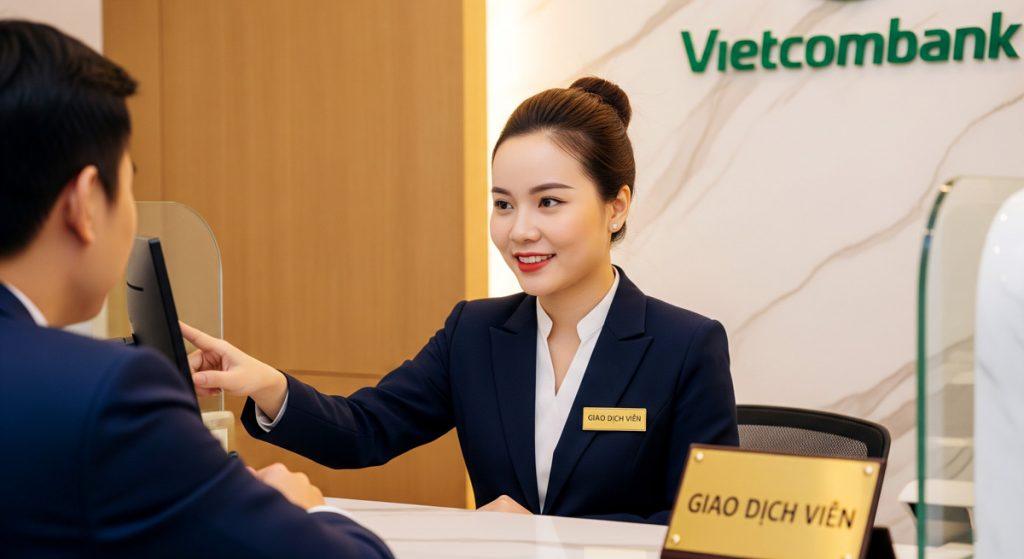Nhân viên ngân hàng mặc đồng phục công sở cao cấp tư vấn khách hàng, thể hiện hình ảnh chuyên nghiệp và uy tín.