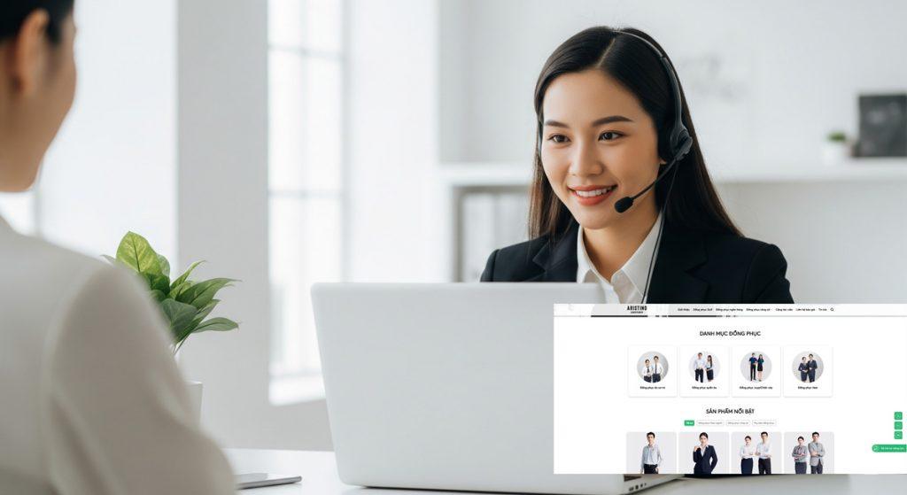Nhân viên Aristino Uniform tiếp nhận yêu cầu đặt may đồng phục qua website và điện thoại