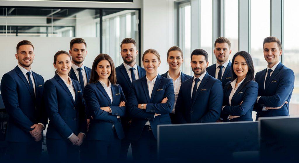 Đội ngũ nhân viên mặc đồng phục Aristino Uniform trong văn phòng chuyên nghiệp