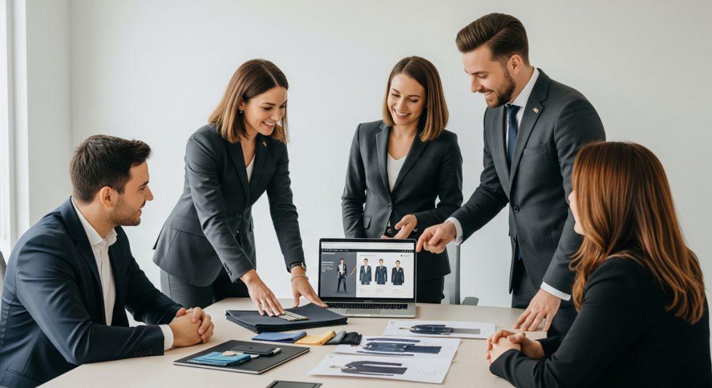 Đội ngũ Aristino Uniform tư vấn quy trình đặt may đồng phục với khách