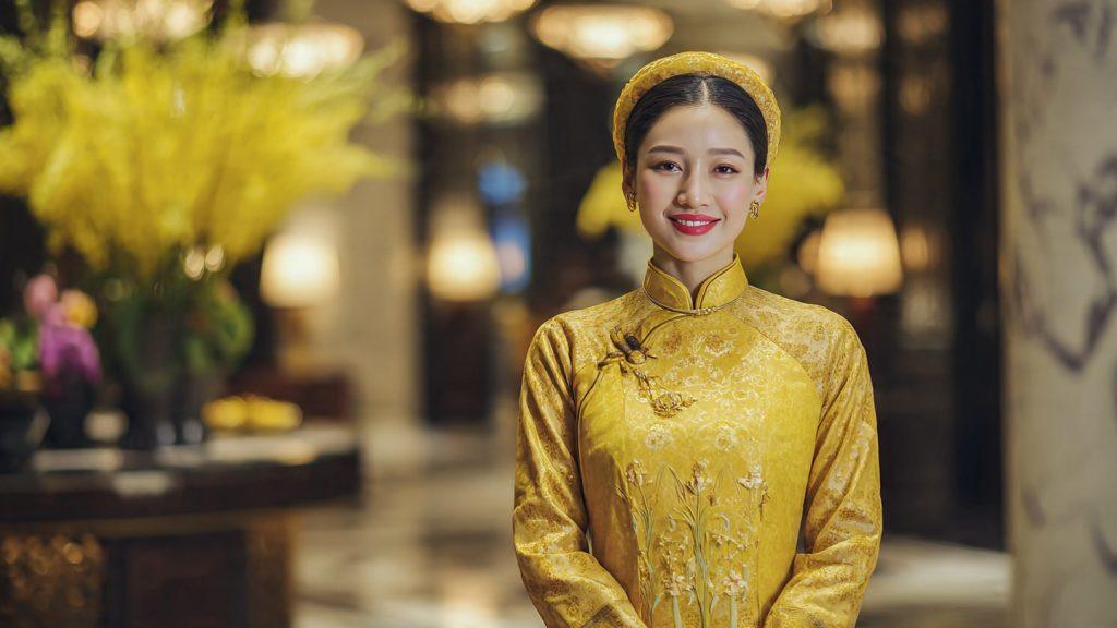 Áo dài đồng phục tạo nên ấn tượng thị giác chuyên nghiệp và hiếu khách ngay từ điểm chạm đầu tiên.