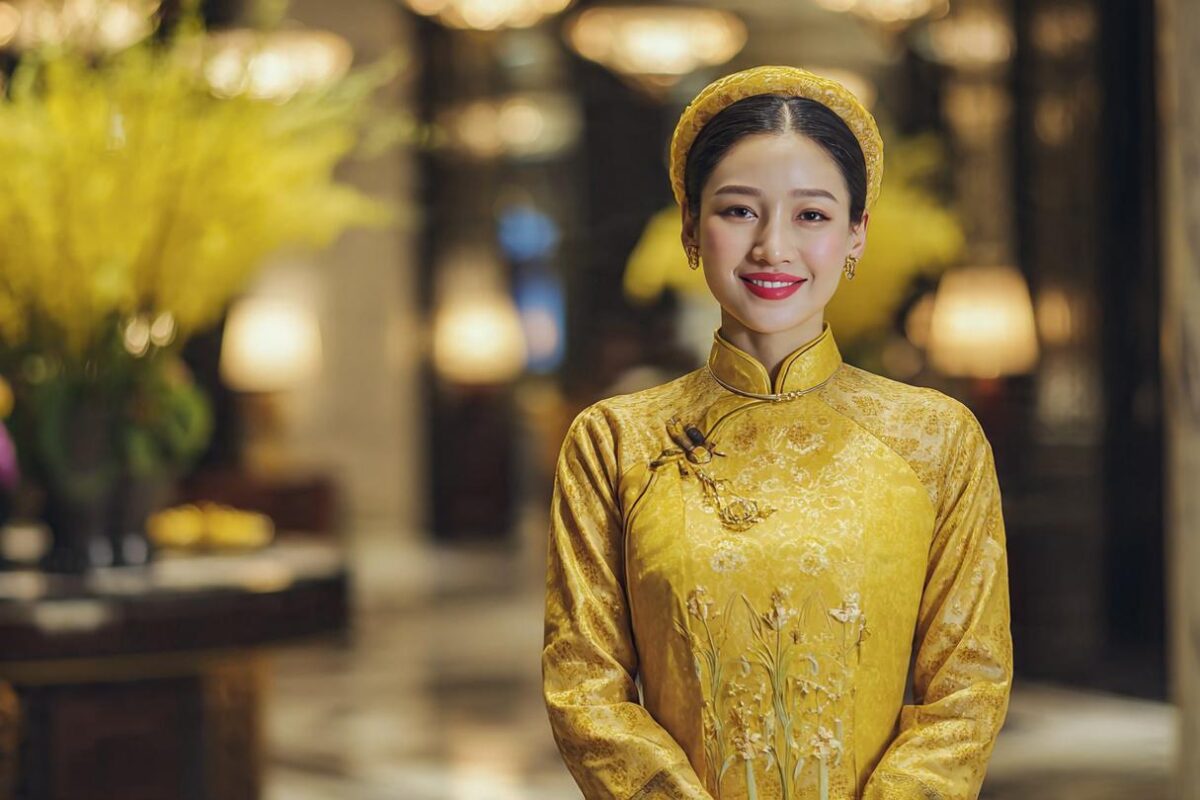 Áo dài đồng phục tạo nên ấn tượng thị giác chuyên nghiệp và hiếu khách ngay từ điểm chạm đầu tiên.