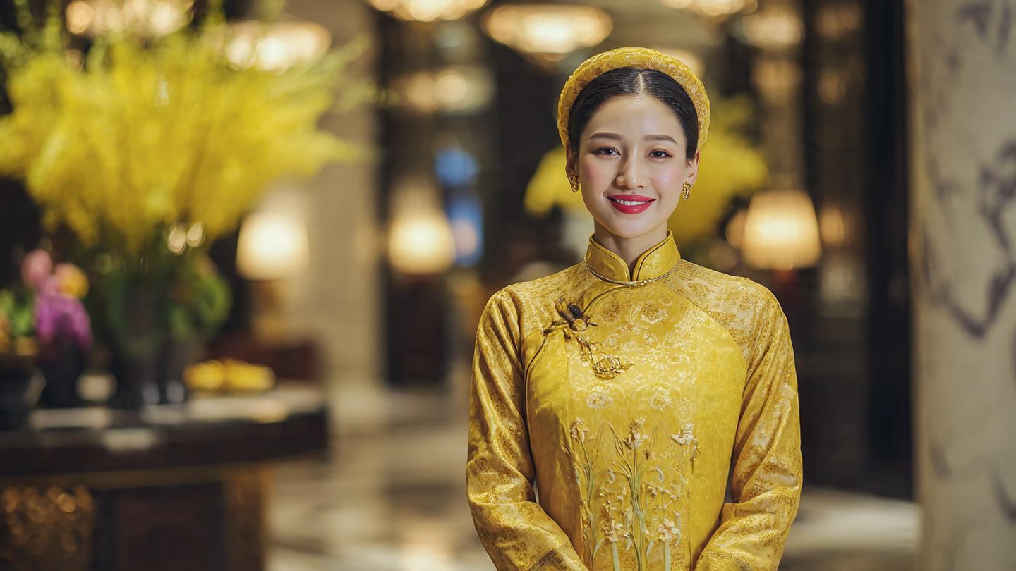 Áo dài đồng phục tạo nên ấn tượng thị giác chuyên nghiệp và hiếu khách ngay từ điểm chạm đầu tiên.
